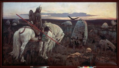 En riddare vid korsningen (Riddaren, beväpnad med en lans, verkar melankolisk framför en stele ingraverad på slätten, omgiven av människoben och översvämmad av en kråka, i skymningen) - A Knight at the Crossroads - Målning av Viktor Mikhaylovich Va av Victor Mikhailovich Vasnetsov