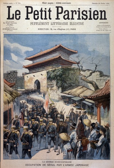 Den japanska armén ockuperar Seoul, Korea - Gravyr från Le Petit Parisien, 1904-02-28 av Victor Mottez