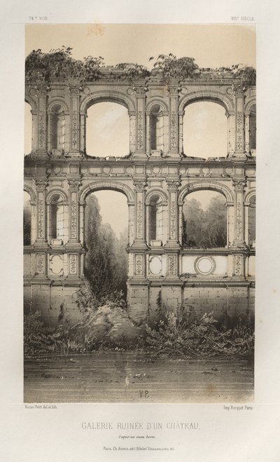 Pittoresk arkitektur eller monument från 1400-talet. Och XVI. Centuries: Castles of France of the XV and XVI Centuries: Pl. 74, Ruined Gallery Of A Castle, efter en gammal teckning av Victor Petit