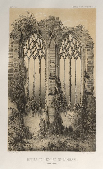 Pittoresk arkitektur eller monument från 1400-talet. Och XVI. Århundraden: Frankrikes slott av XV och XVI århundraden: Pl. 38, ruinerna av kyrkan St Aubert (Haute-Marne) av Victor Petit
