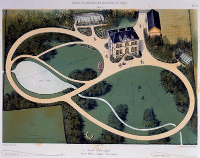 Stor engelsk trädgård på 6300 kvadratmeter, Illustration tagen från Parcs et Jardins des environs de Paris (Parker och trädgårdar runt Paris), Ca 1850, Litografi av Victor Petit (1818-1871), Frankrike av Victor Petit