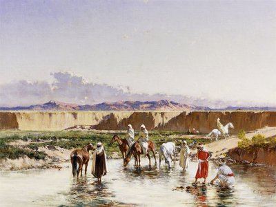 Arabiska ryttare som vattnar i en oas, av Victor Pierre Huguet