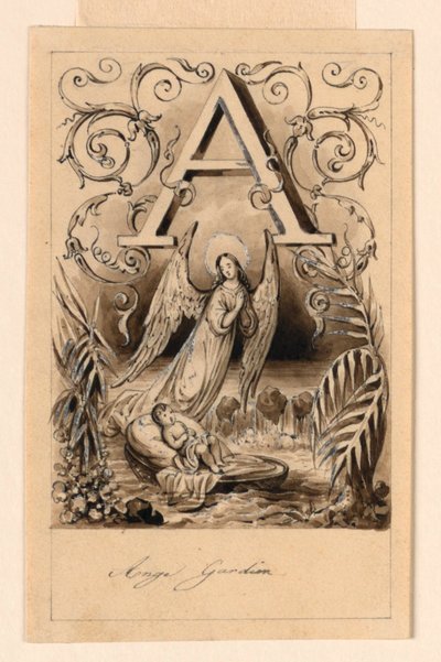 Design för bokstaven A i en primer: Ange Gardien (Guardian Angel) av Victor Vincent Adam