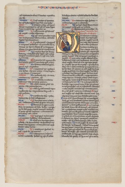 Blad med initial från en latinsk bibel: Initial M: St. Paul med ett svärd och en bok av Vienna Moralized Bible Workshop