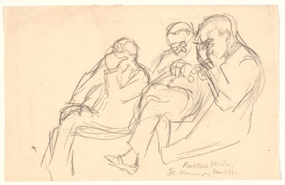 Figurskiss. Tre sittande män: Fr. Henningsen, Aarsleff och P. Johansen av Viggo Johansen