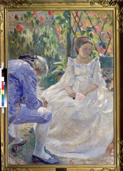 ""Höstens melodi"" (En höstlåt). Galant scen mellan en man och en kvinna som håller en blomma i handen. De är klädda i 1700-talsmode och verkar ledsna (uppbrott?). Målning av Viktor (Victor) Elpidiforovich Borisov av Viktor Elpidiforovich Borisov Musatov