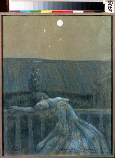 ""Sorgen"" (Sorrow) En desperat ung flicka lutad mot ett räcke. Akvarell och pastell av Viktor (Victor) Elpidiforovich Borisov-Musatov (Borisov Musatov) (1870-1905) (symbolism) 1903 Statens museum för historia och konst Serpukhov (Serpukhov). av Viktor Elpidiforovich Borisov Musatov