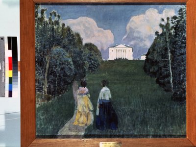 Glimt av solnedgången. Två kvinnor som går nerför en landsväg. Målning av Viktor (Victor) Elpidiforovich Borisov Musatov (Borisov-Musatov) (1870-1905). tempera på duk av Viktor Elpidiforovich Borisov Musatov