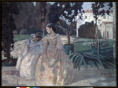 Gobeläng. Två eleganta unga kvinnor går i trädgården på en rik egendom. Målning av Viktor (Victor) Elpidiforovich Borisov Musatov (Borisov-Musatov) (1870-1905). tempera på duk av Viktor Elpidiforovich Borisov Musatov