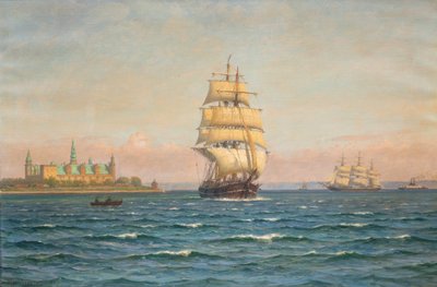 Segelfartyg och en färja utanför Kronborg. av Vilhelm Arnesen