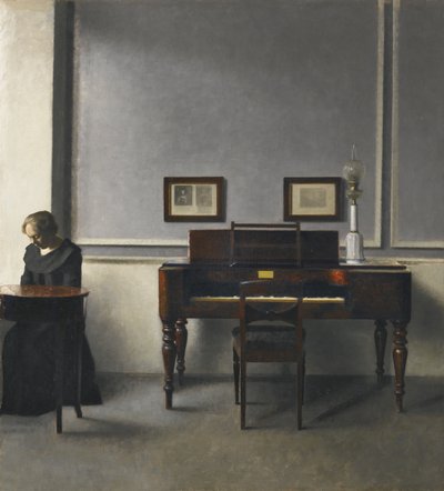 Ida i en interiör med piano av Vilhelm Hammershøi