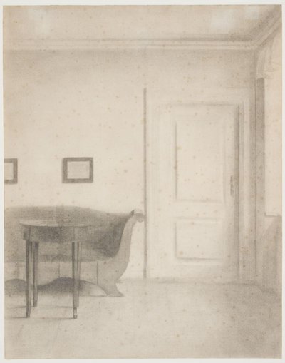 Inredning med soffa och litet bord, t.h. en dörr av Vilhelm Hammershøi