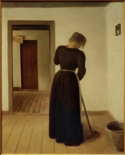 Interiör med en ung kvinna som sopar av Vilhelm Hammershoi