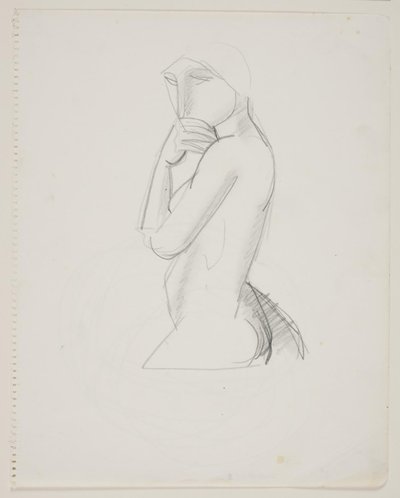 Kvinnlig modell, 3/4 figur, med hand över mun av Vilhelm Lundstrøm