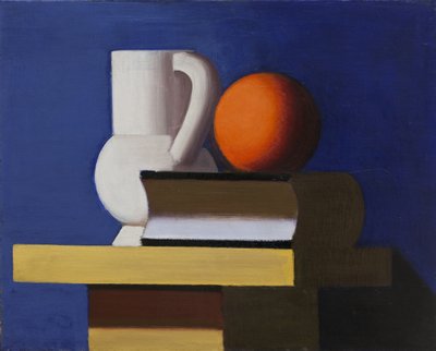 Stilleben med vit burk, apelsin och bok av Vilhelm Lundstrøm