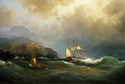 En fregatt som klöser sig loss från en klippig kust av Vilhelm Melbye