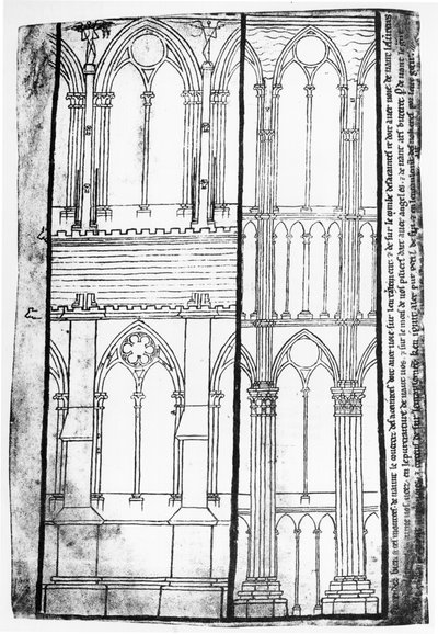 Faksimilkopia av Fr 19093 fol.31v Exteriör och interiör förhöjning av Reims katedrals sidoväggar av Villard de Honnecourt
