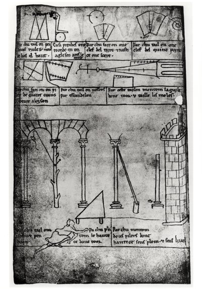 Ms.Fr.19093 fol.20v Geometriska figurer för konstruktion, bågar och människa som mäter höjden på ett torn (faksimilkopia) av Villard de Honnecourt