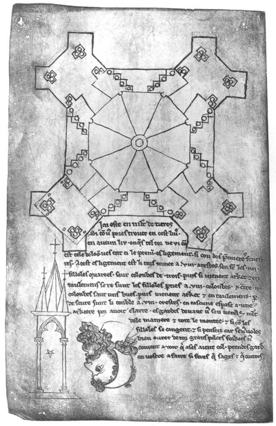 Ms 19093 fol.9v Faksimilkopia av en plan över tornet i Laon-katedralen, huvudet på en skäggig man och ett gotiskt fönster av Villard de Honnecourt