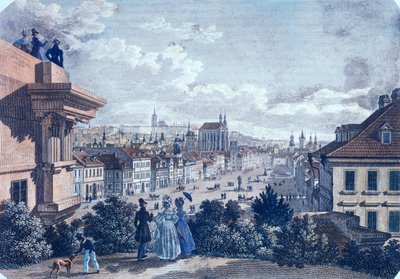 Hästmarknad på Vaclavplatsen, Prag, 1835 (färgad stålstick) av Vincenc and Geissler, F. Morstadt