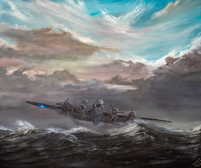 B17F "Dry Run 2" landning i Nordsjön, 2023 (olja på duk) av Vincent Alexander Booth