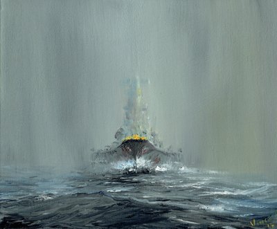 Battleship Yamato 1945, 2016, (olja på dukskiva) av Vincent Alexander Booth