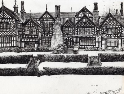 Bramall Hall Bramhall, 2004, (bläck på papper) av Vincent Alexander Booth