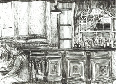 Café på Royal Exchange, Manchester, 2011, (bläck på papper) av Vincent Alexander Booth