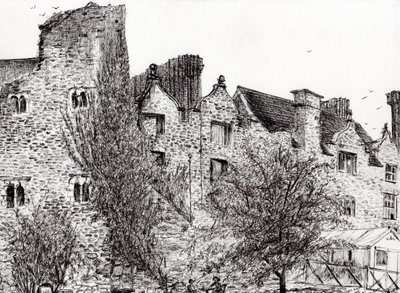 Slottsruin Hay on Wye, 2007, (bläck på papper) av Vincent Alexander Booth