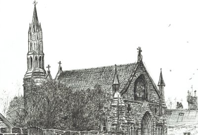 Church at Stonehaven, Skottland, 2007, (bläck på papper) av Vincent Alexander Booth