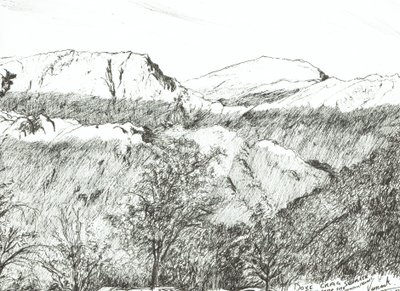 Dove Crag at Sunrise, 2003, (Bläck på papper) av Vincent Alexander Booth