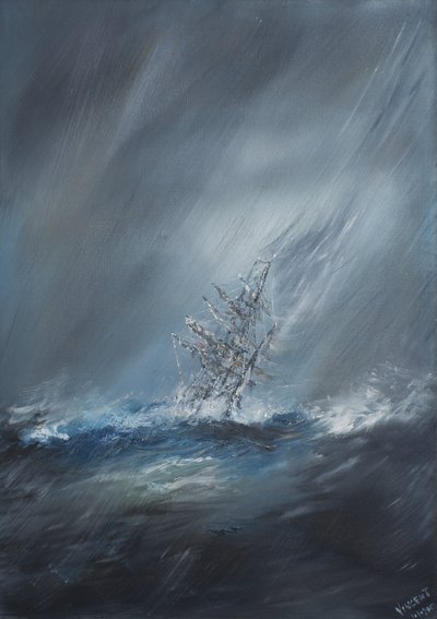 HMS Beagle i storm utanför Kap Horn den 24 december 1832. 2012, (Olja på duk) av Vincent Alexander Booth