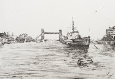 HMS Belfast på Themsen London, 2006, (Bläck på papper) av Vincent Alexander Booth