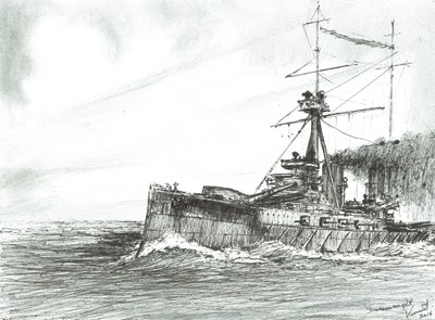 HMS Dreadnought till sjöss, 2017, (Bläck på papper) av Vincent Alexander Booth
