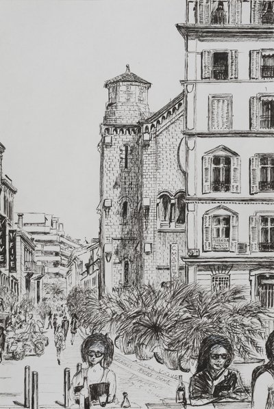 Hotel 5 och Notre Dame Cannes, 2014, (bläck på papper) av Vincent Alexander Booth