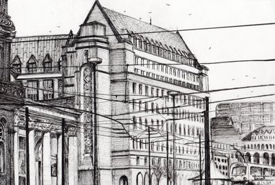 Manchester Town Hall, 2007, (bläck på papper) av Vincent Alexander Booth