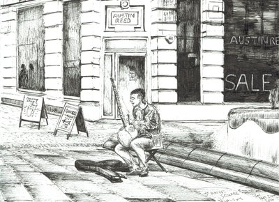 Musiker St. Anns Square, 2016, (bläck på papper) av Vincent Alexander Booth