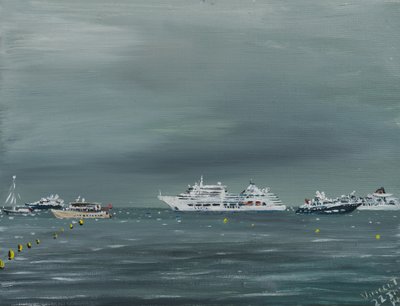 Fartyg och båtar i Cannes, 2014, (akryl på dukskiva) av Vincent Alexander Booth