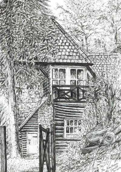 The Log House, 2019, (bläck på papper) av Vincent Alexander Booth