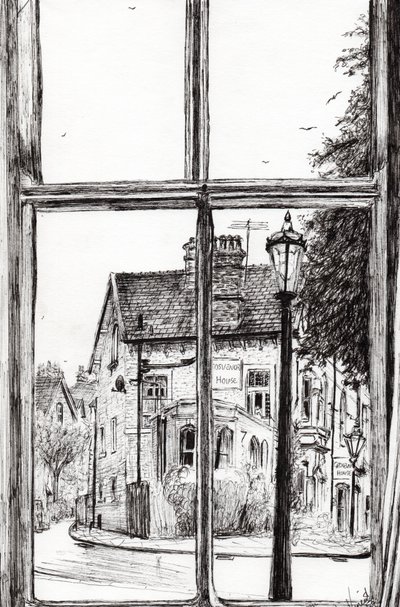 Utsikt från Old Hall Hotel Buxton, 2009, (bläck på papper) av Vincent Alexander Booth