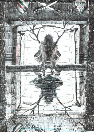 sida 15, Slottet i skogen Findhorn, 2006, (bläck på papper) av Vincent Alexander Booth