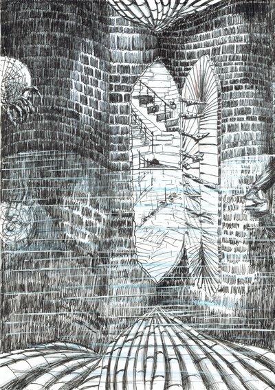 sida 23, Slottet i skogen Findhorn, 2006, (bläck på papper) av Vincent Alexander Booth