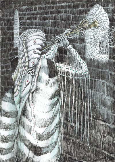 sida 7, Slottet i skogen Findhorn, 2006, (bläck på papper) av Vincent Alexander Booth