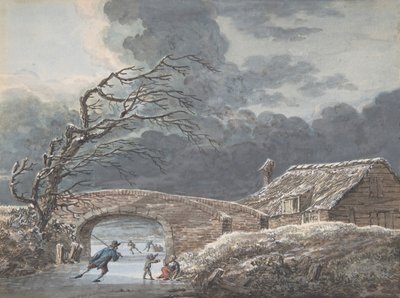 Vinterlandskap med skridskoåkare på en frusen kanal, n.d. av Vincent Jansz. van der Vinne