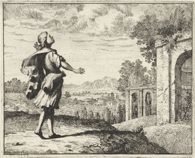 Man i ett landskap som tittar upp mot himlen av Vincent Laurensz. van der Vinne (II)
