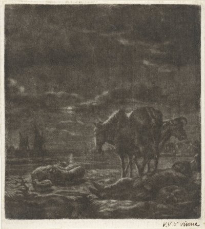 Nattlandskap med sovande herde och boskap av Vincent Laurensz. van der Vinne (II)