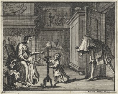 Far skrämmer ett barn i en interiör av Vincent Laurensz. van der Vinne (II)