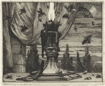 Flugor attraheras av ljuset från ett ljus av Vincent Laurensz. van der Vinne (II)