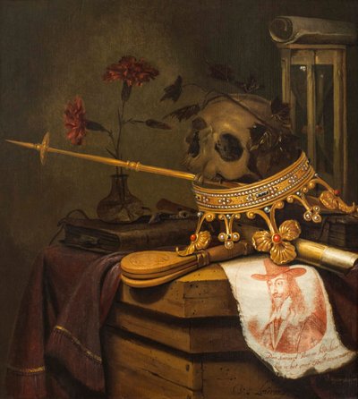 Ett Vanitas stilleben med en skalle, krona, spira, flöjt, bälg, timglas, nejlikor i en glasvas, rulla, bok och ett graverat porträtt av Charles I av Vincent Laurensz van der Vinne