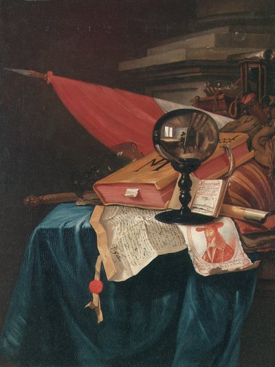 Vanitas stilleben med konstnären vid sitt staffli reflekterat i en kristallkula av Vincent Laurensz van der Vinne
